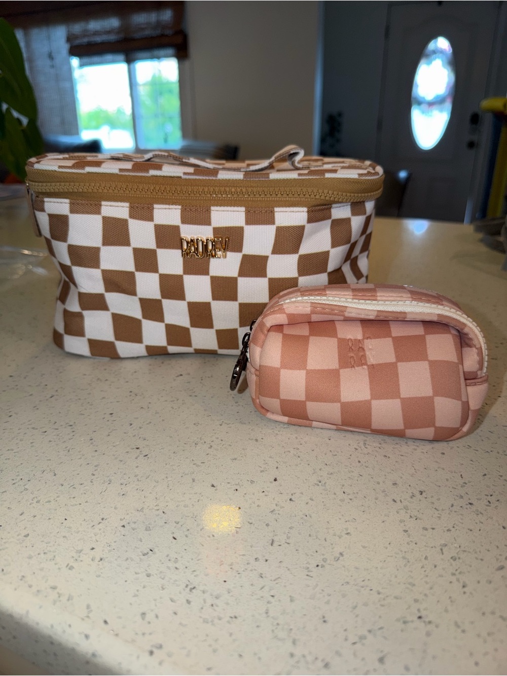 Checkerboard Cosmetic Pouch Set - Tan and Pink